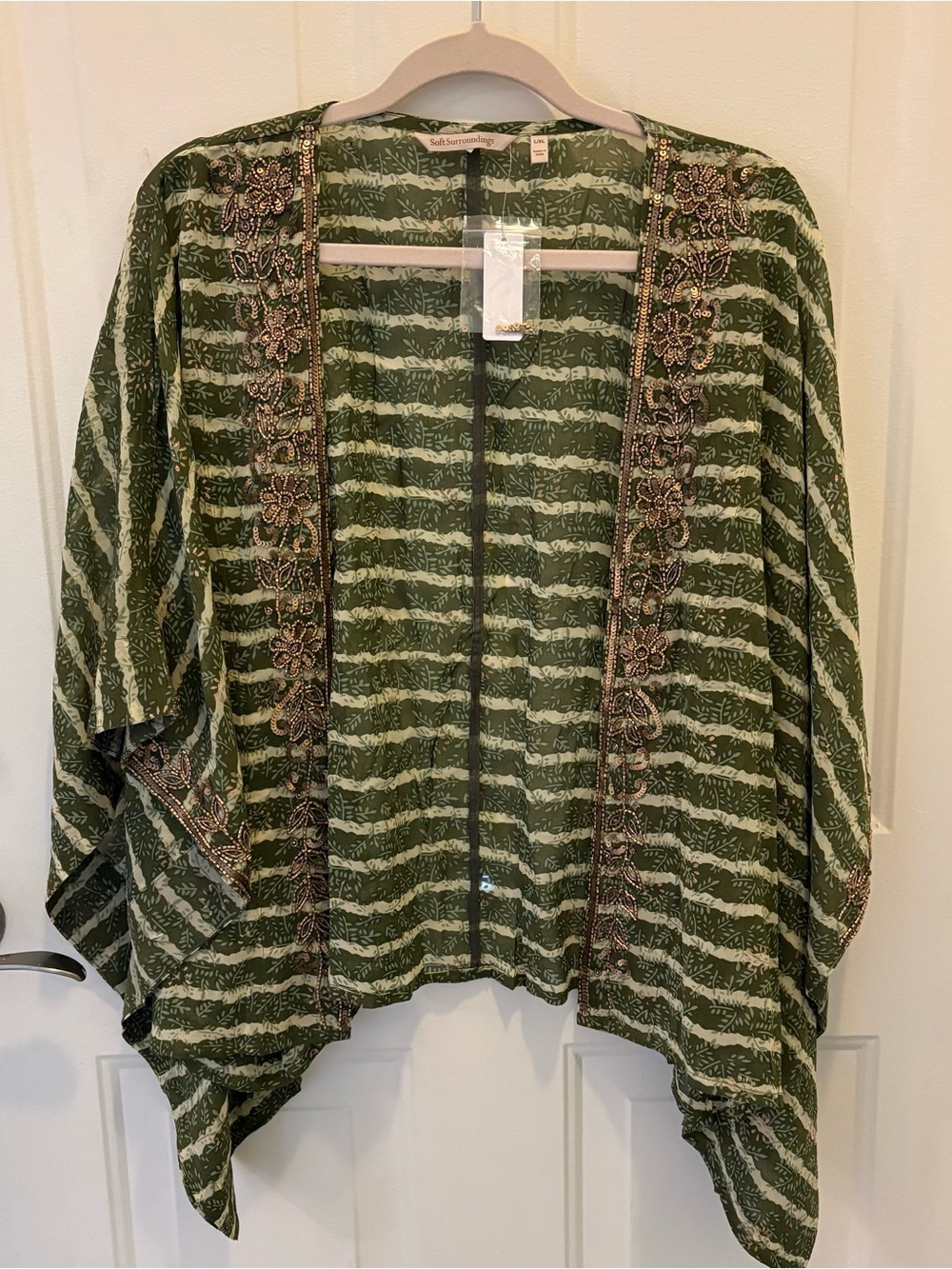 Soft Surroundings Green Patterned Embellished Open Kimono Hand Embroidered Beads
